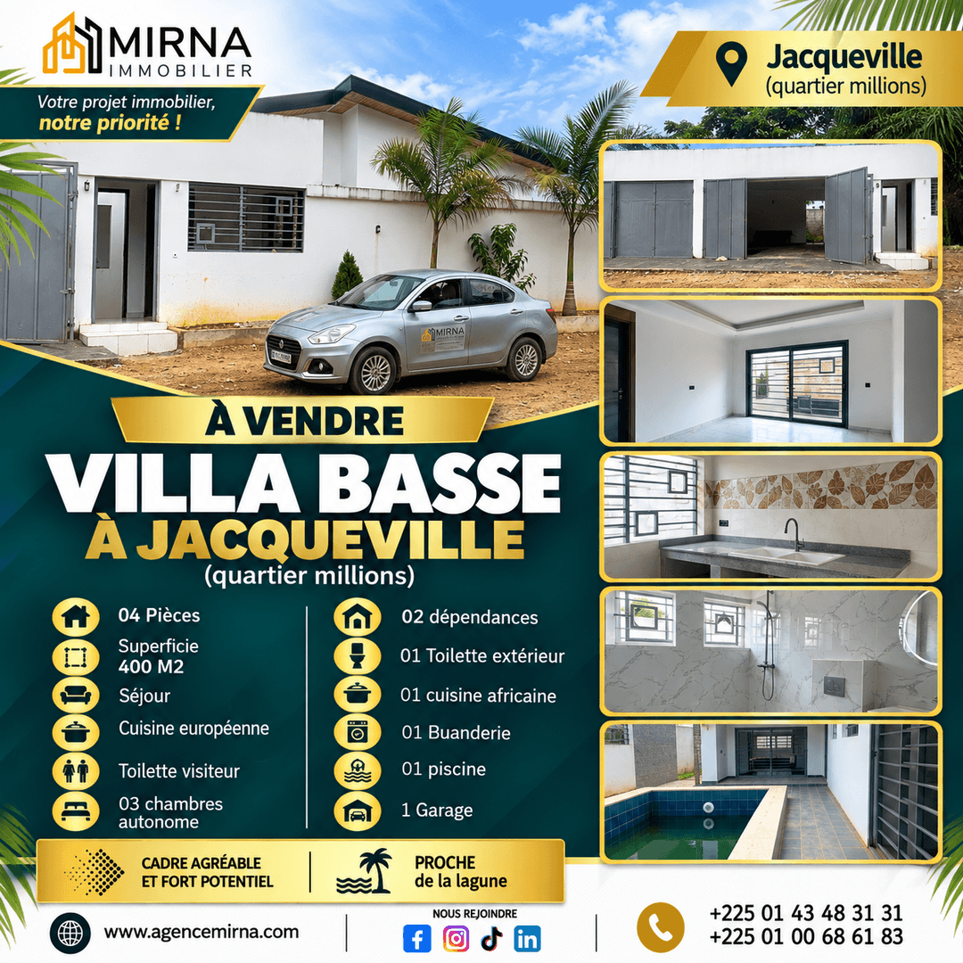 VILLA BASSE À VENDRE À JACQUEVILLE – QUARTIER MILLIONS